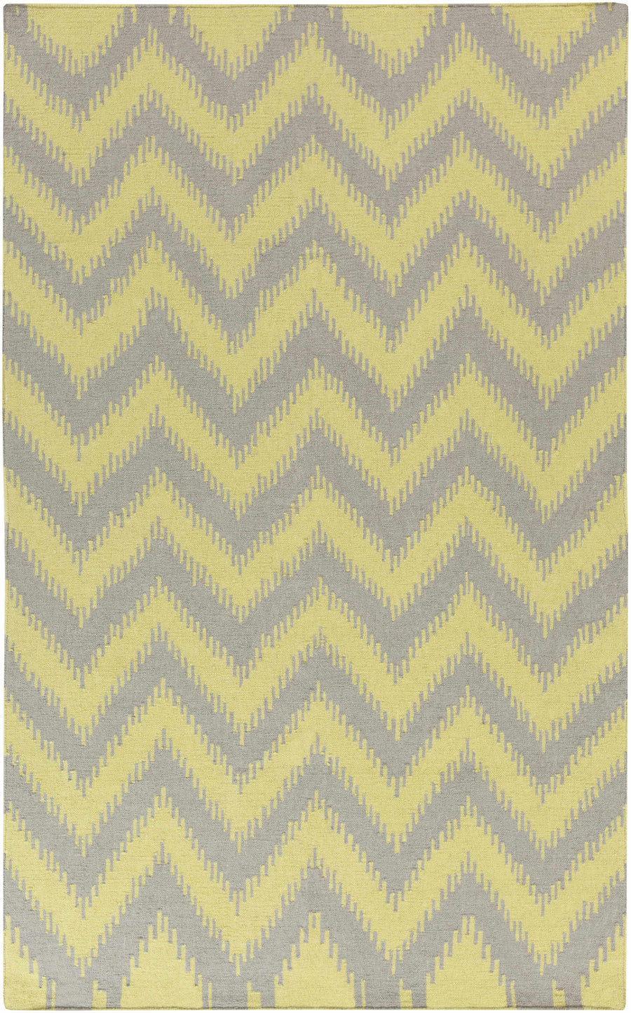 Contemporary hand-woven area rug with yellow and gray zigzag chevron pattern