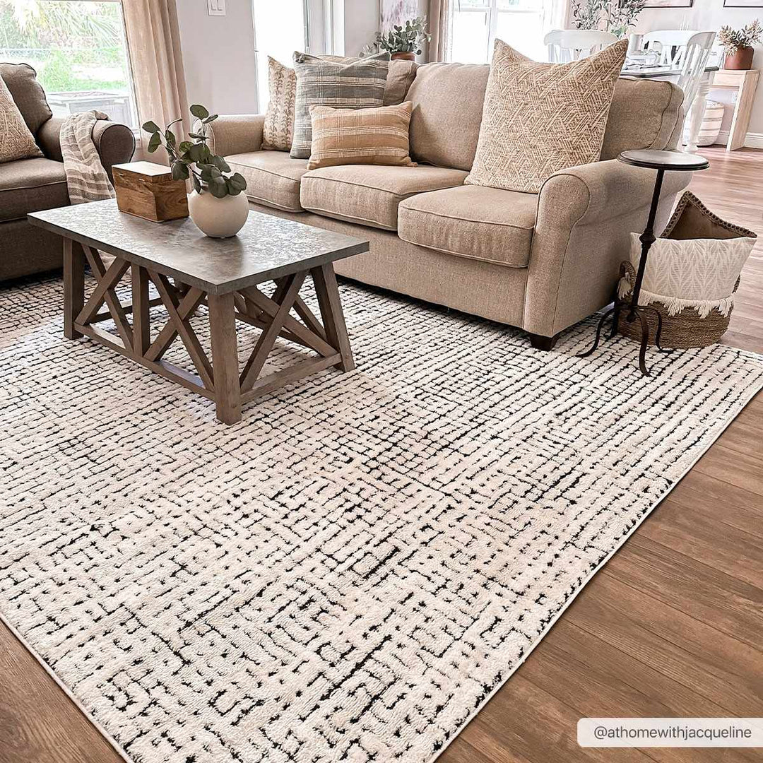 Cream & Black Grid Plush Rug - The Rug Decor