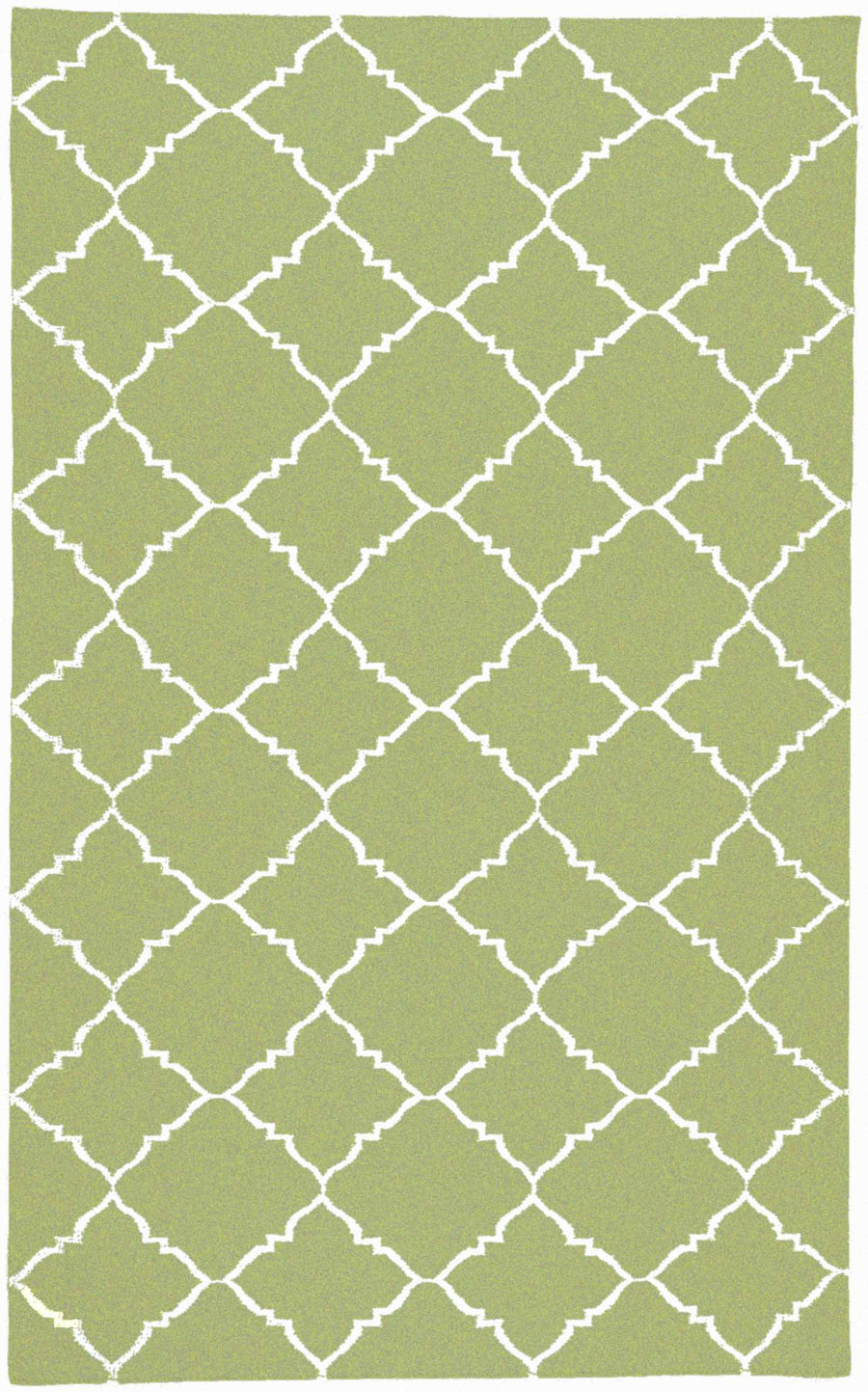 Geometric hand-woven area rug in green with white quatrefoil lattice pattern