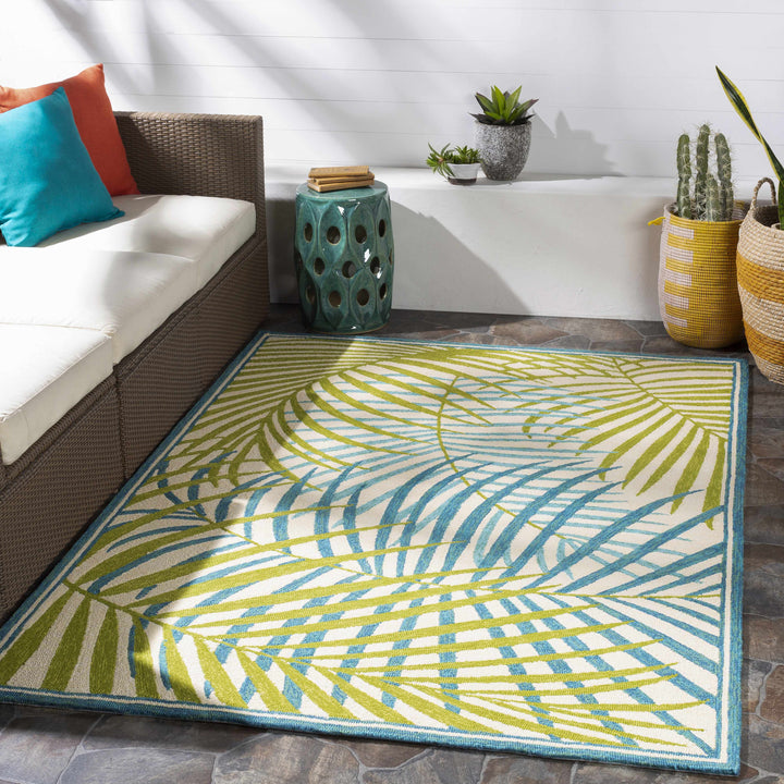 Castlerock Modern Leaf Pattern Blue And Green Hand Tufted Outdoor Area Rug