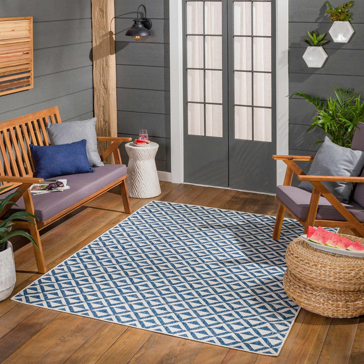Cumby Denim Geometric Chevron Blue And White Machine Woven Outdoor Area Carpet - The Rug Decor