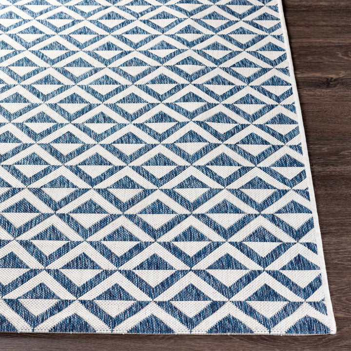 Cumby Denim Geometric Chevron Blue And White Machine Woven Outdoor Area Carpet - The Rug Decor