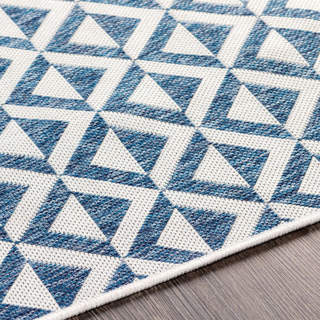 Cumby Denim Geometric Chevron Blue And White Machine Woven Outdoor Area Carpet - The Rug Decor