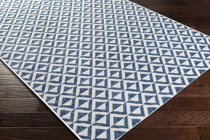 Cumby Denim Geometric Chevron Blue And White Machine Woven Outdoor Area Carpet - The Rug Decor