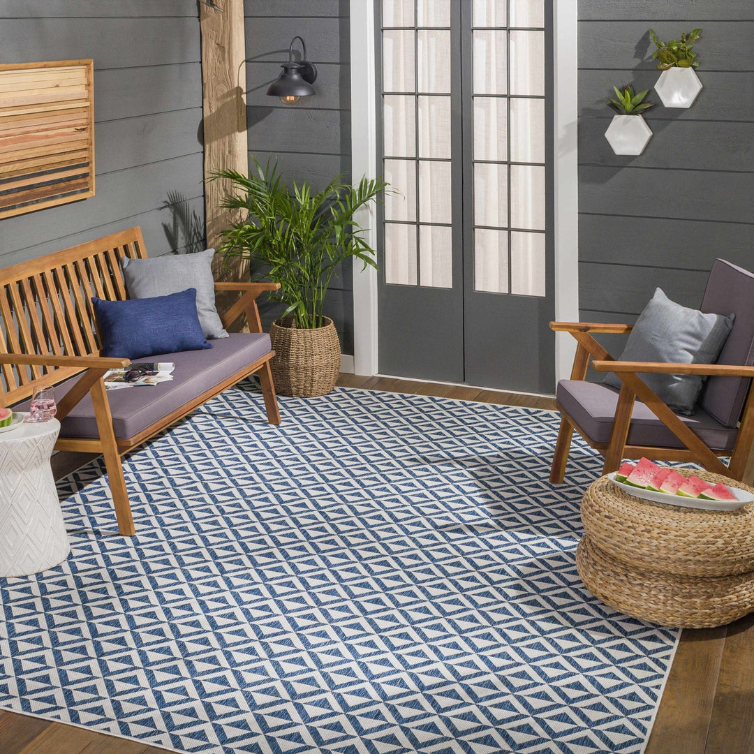 Cumby Denim Geometric Chevron Blue And White Machine Woven Outdoor Area Carpet - The Rug Decor