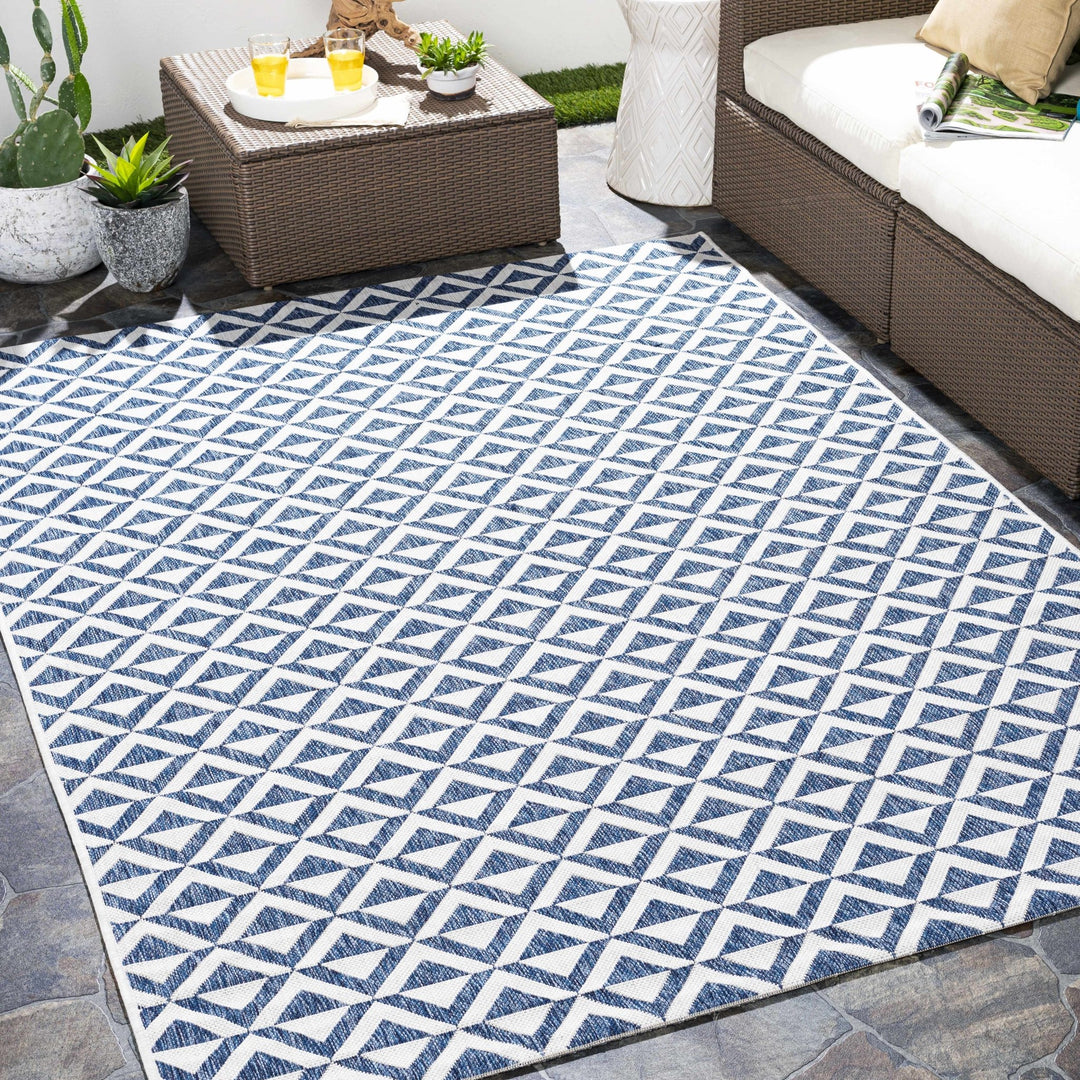 Cumby Denim Geometric Chevron Blue And White Machine Woven Outdoor Area Carpet - The Rug Decor