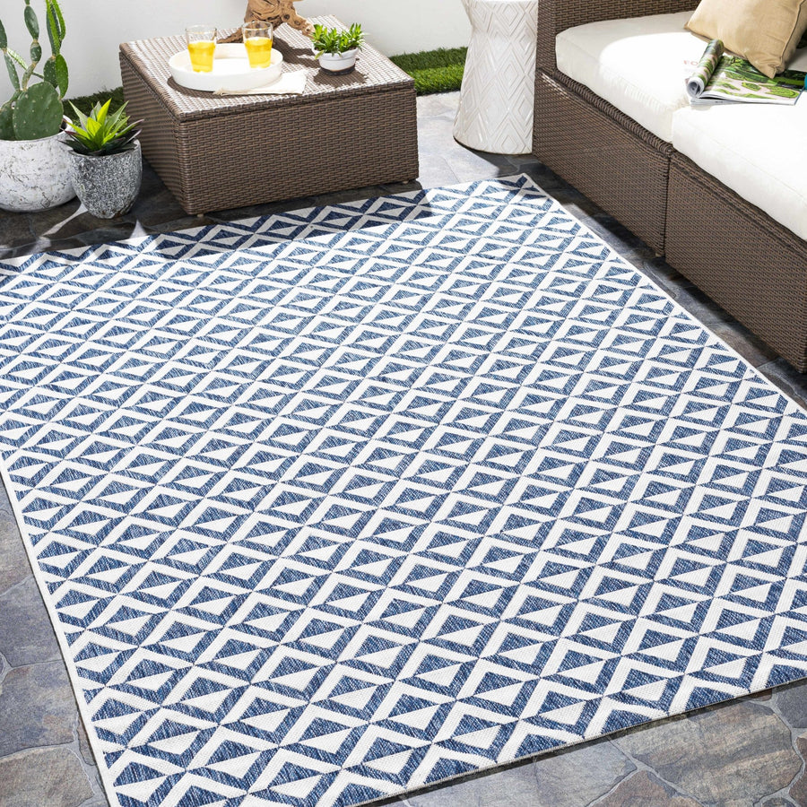 Cumby Denim Geometric Chevron Blue And White Machine Woven Outdoor Area Carpet - The Rug Decor