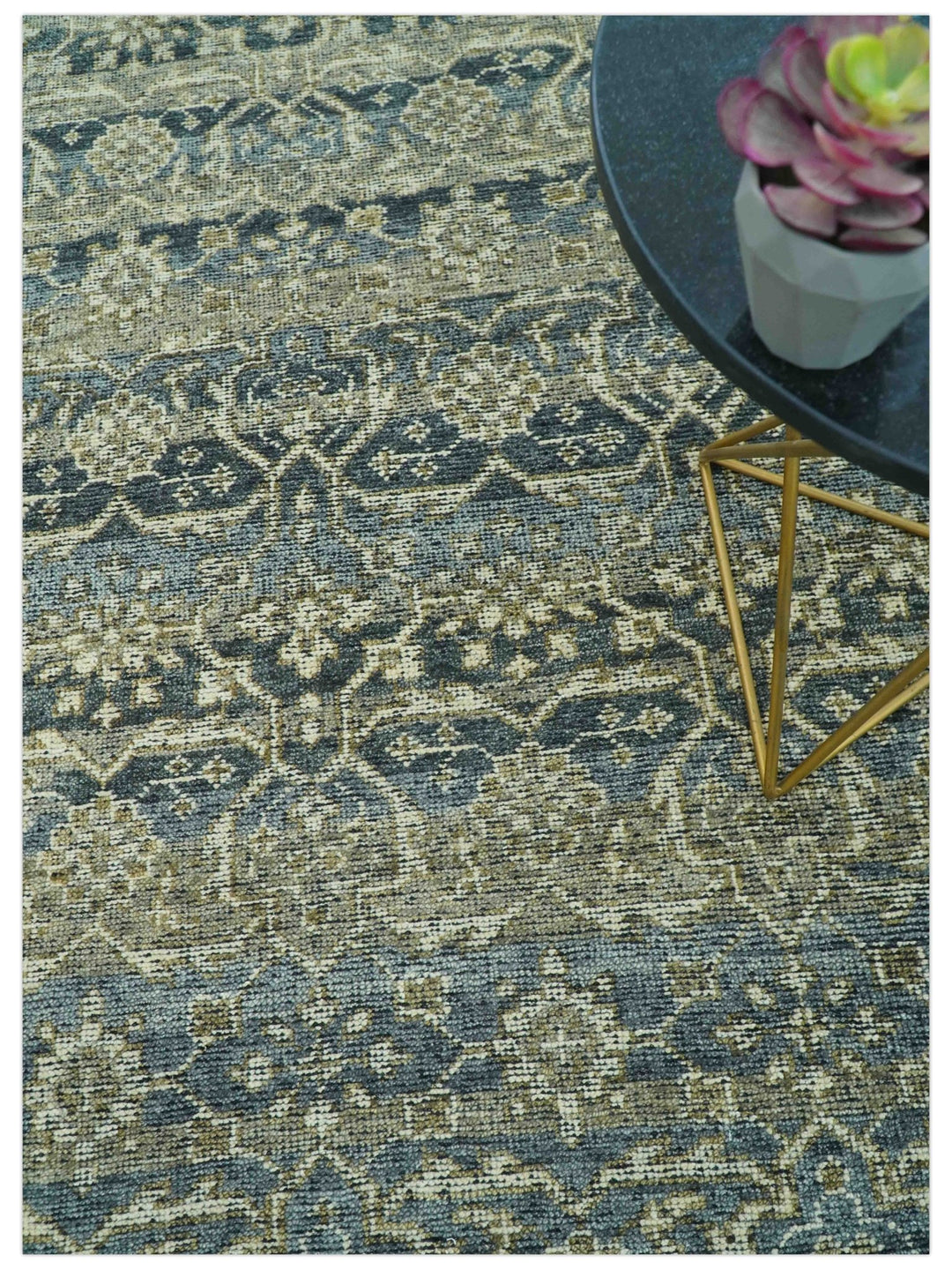 Custom Made Antique Charcoal Blue Transitional Hand Knotted Wool Area Rug - The Rug Decor