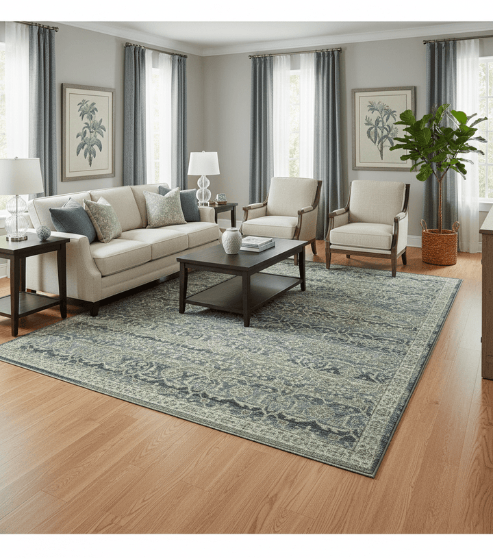 Custom Made Antique Charcoal Blue Transitional Hand Knotted Wool Area Rug - The Rug Decor