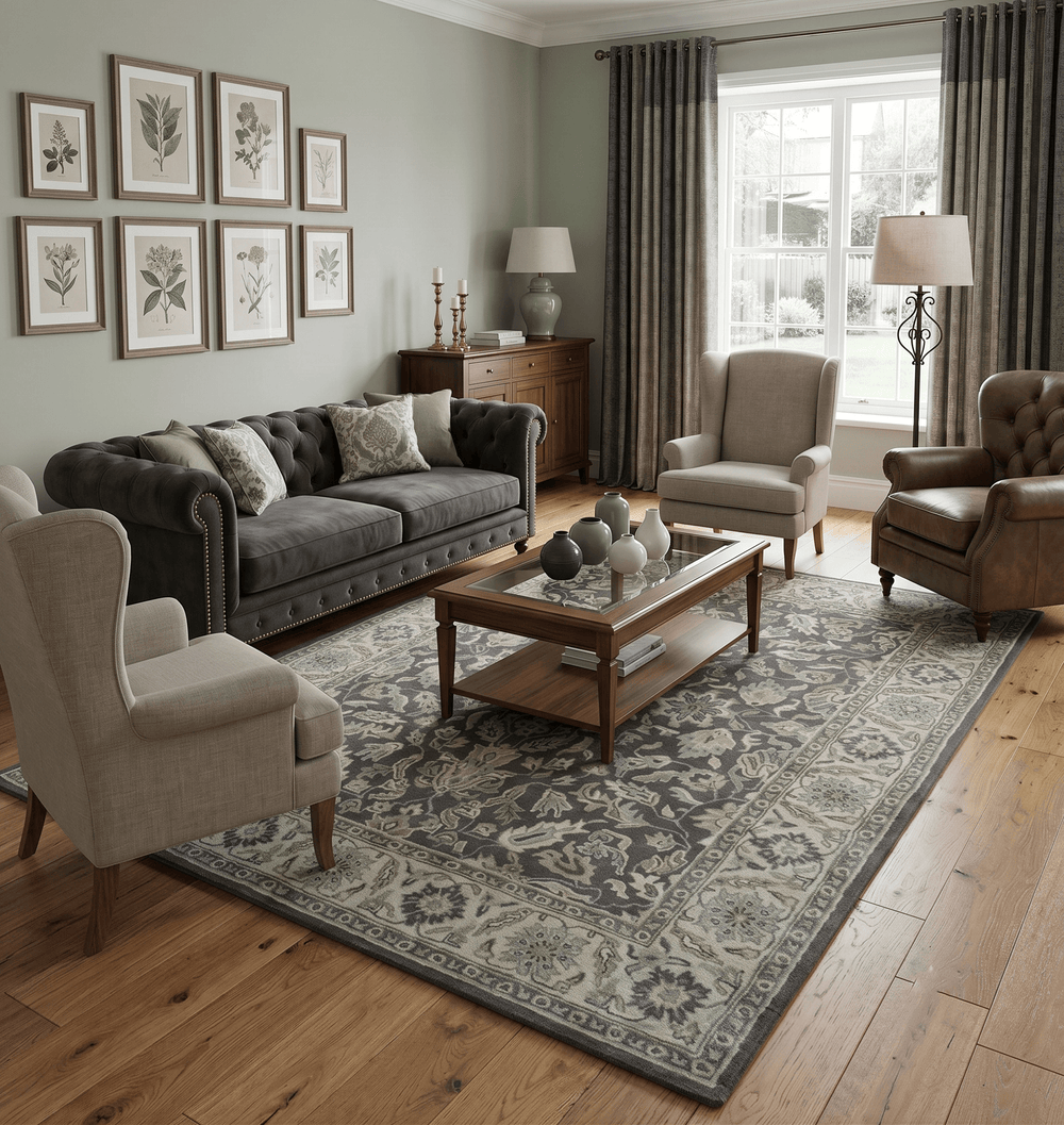 Custom Made Antique Design Charcoal and Beige Traditional Floral Hand Tufted rug - The Rug Decor