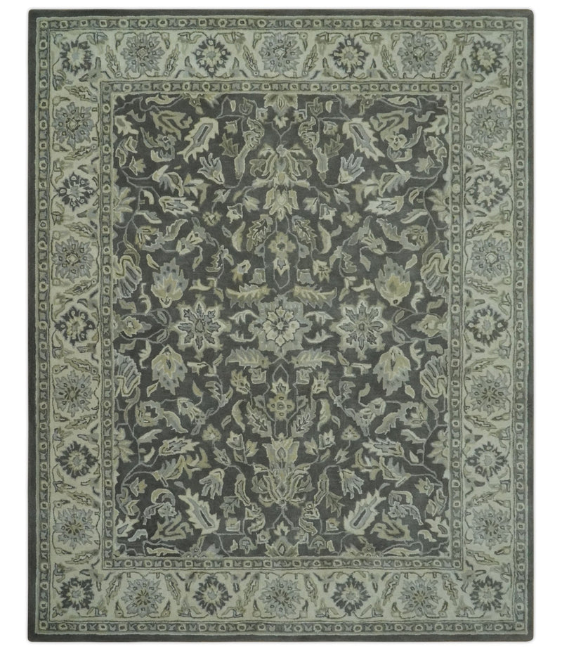 Custom Made Antique Design Charcoal and Beige Traditional Floral Hand Tufted rug - The Rug Decor