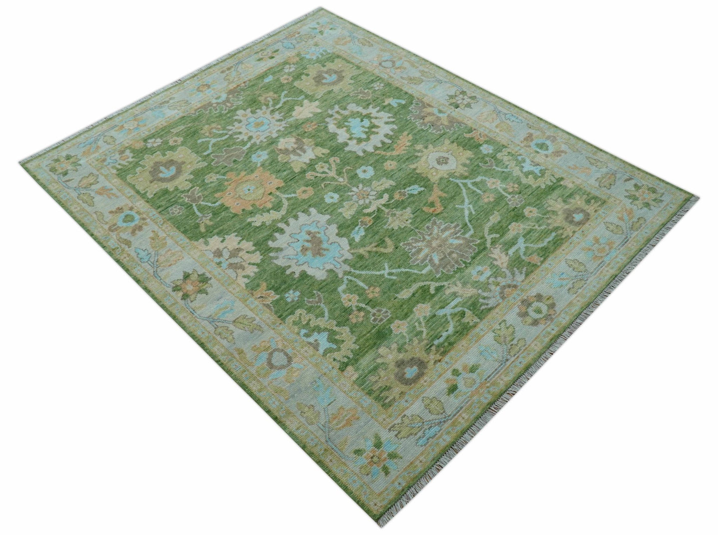 Custom Made Antique Green Traditional Oushak Design Hand Knotted Wool Area Rug - The Rug Decor