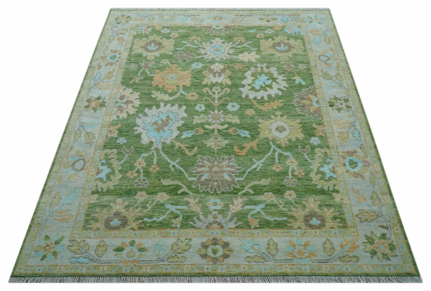 Custom Made Antique Green Traditional Oushak Design Hand Knotted Wool Area Rug - The Rug Decor