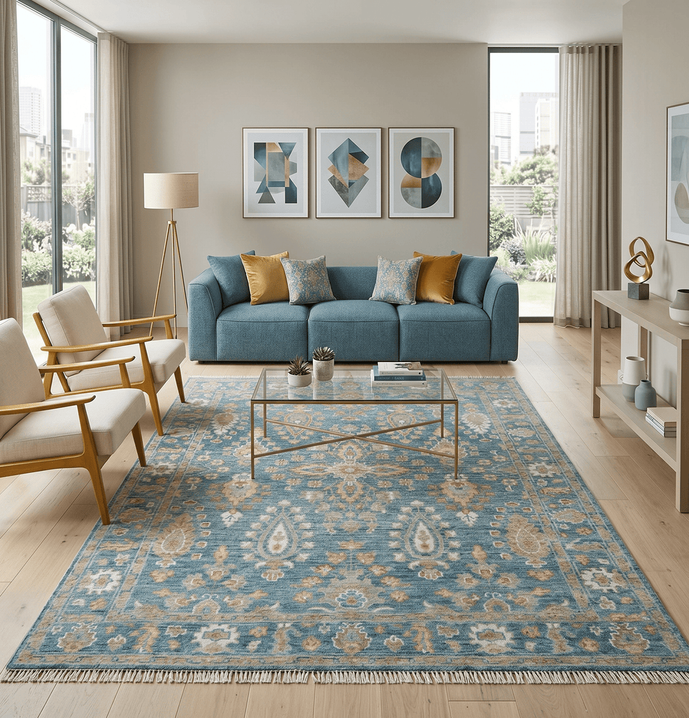 Custom Made Antique Hand Knotted Blue and Beige Traditional Oushak Wool Area Rug - The Rug Decor