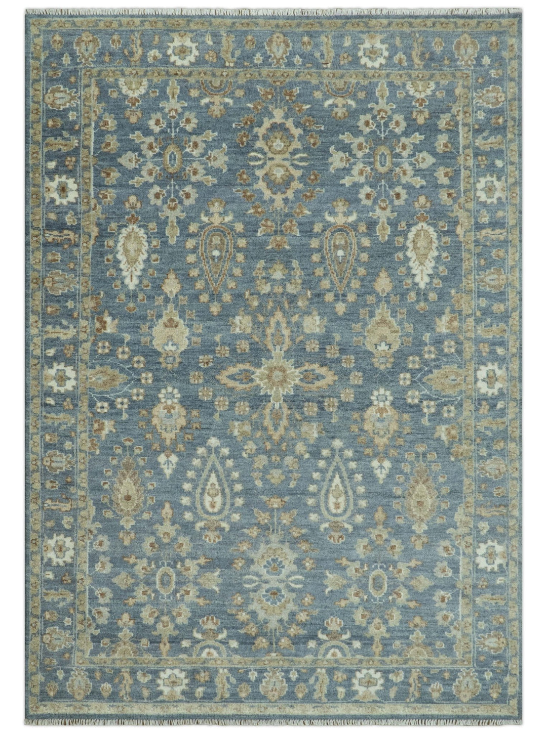 Custom Made Antique Hand Knotted Blue and Beige Traditional Oushak Wool Area Rug - The Rug Decor