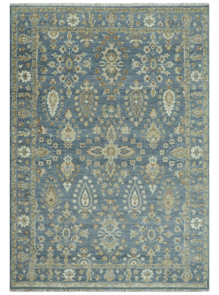 Custom Made Antique Hand Knotted Blue and Beige Traditional Oushak Wool Area Rug - The Rug Decor