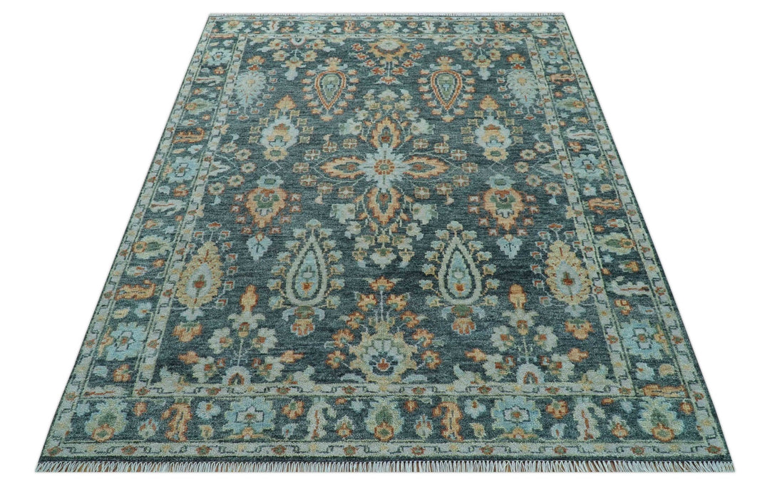 Custom Made Antique Hand Knotted Charcoal and Blue Traditional Oushak Design Wool Rug - The Rug Decor