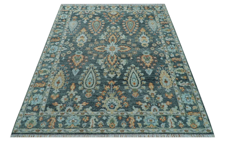 Custom Made Antique Hand Knotted Charcoal and Blue Traditional Oushak Design Wool Rug - The Rug Decor