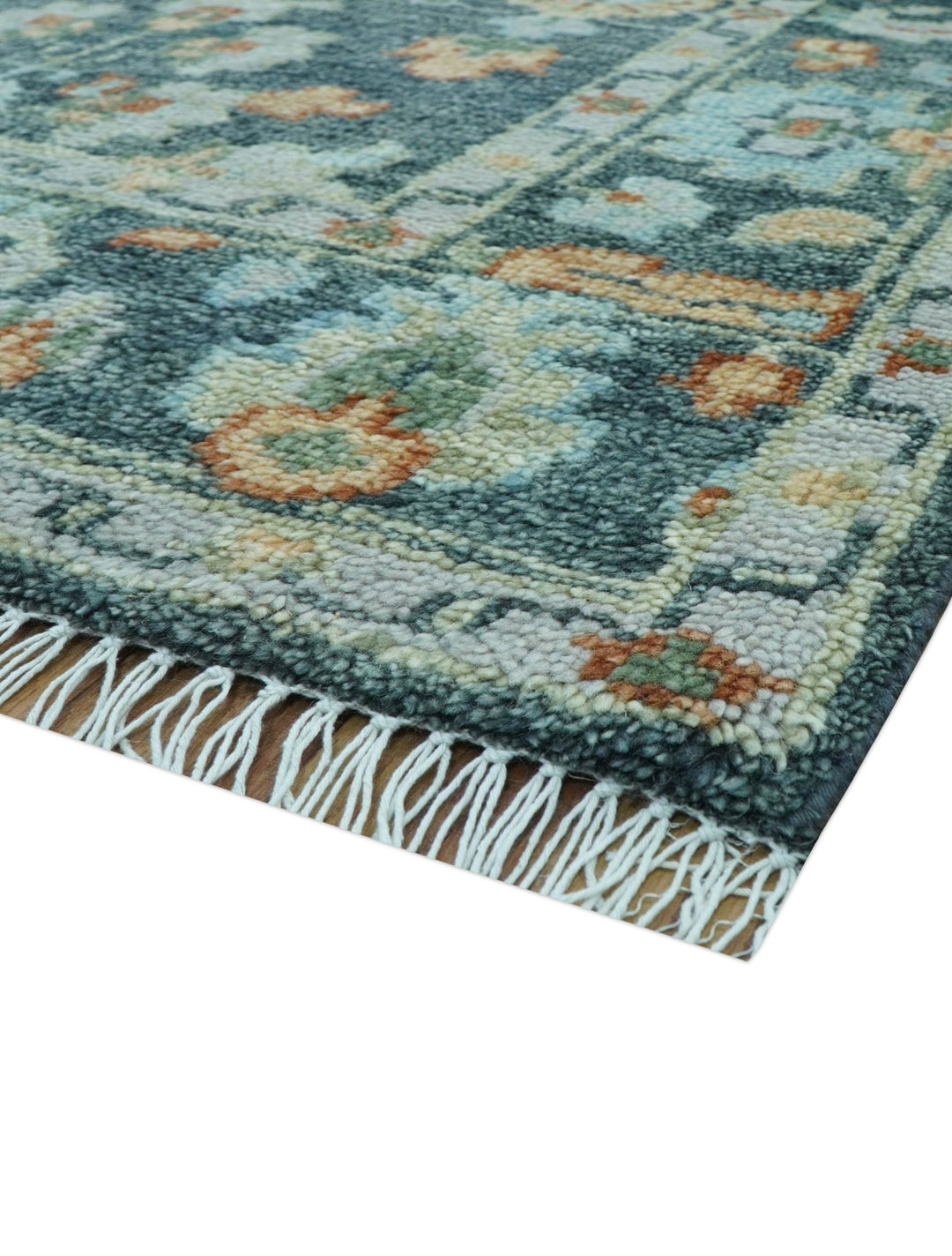 Custom Made Antique Hand Knotted Charcoal and Blue Traditional Oushak Design Wool Rug - The Rug Decor