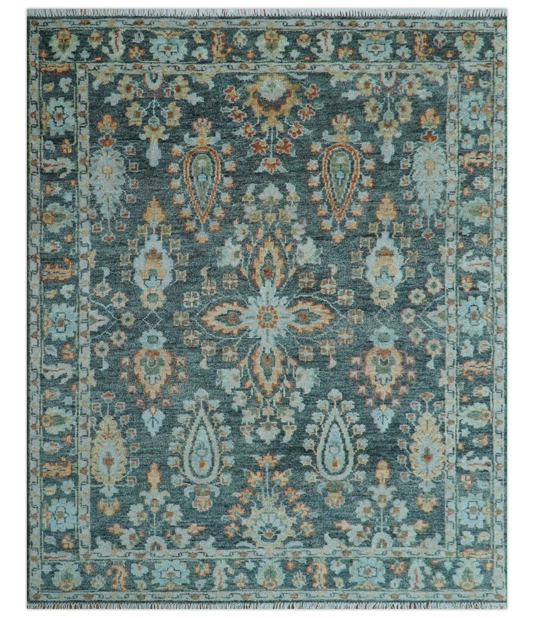 Custom Made Antique Hand Knotted Charcoal and Blue Traditional Oushak Design Wool Rug - The Rug Decor