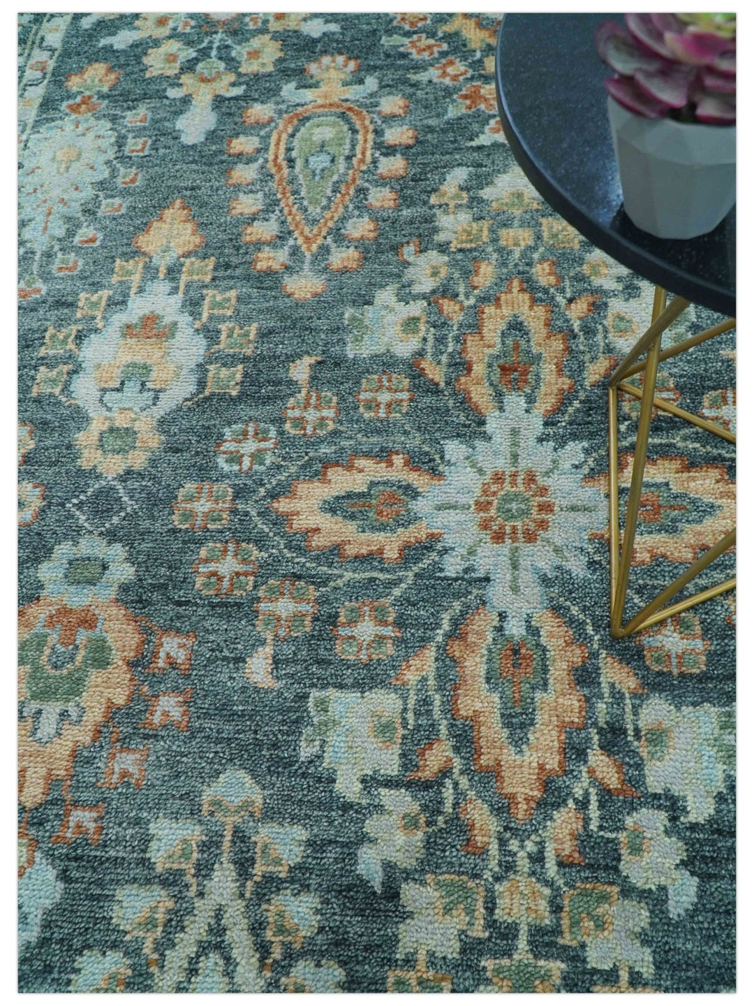 Custom Made Antique Hand Knotted Charcoal and Blue Traditional Oushak Design Wool Rug - The Rug Decor