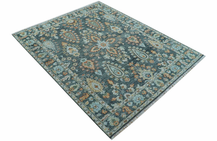 Custom Made Antique Hand Knotted Charcoal and Blue Traditional Oushak Design Wool Rug - The Rug Decor