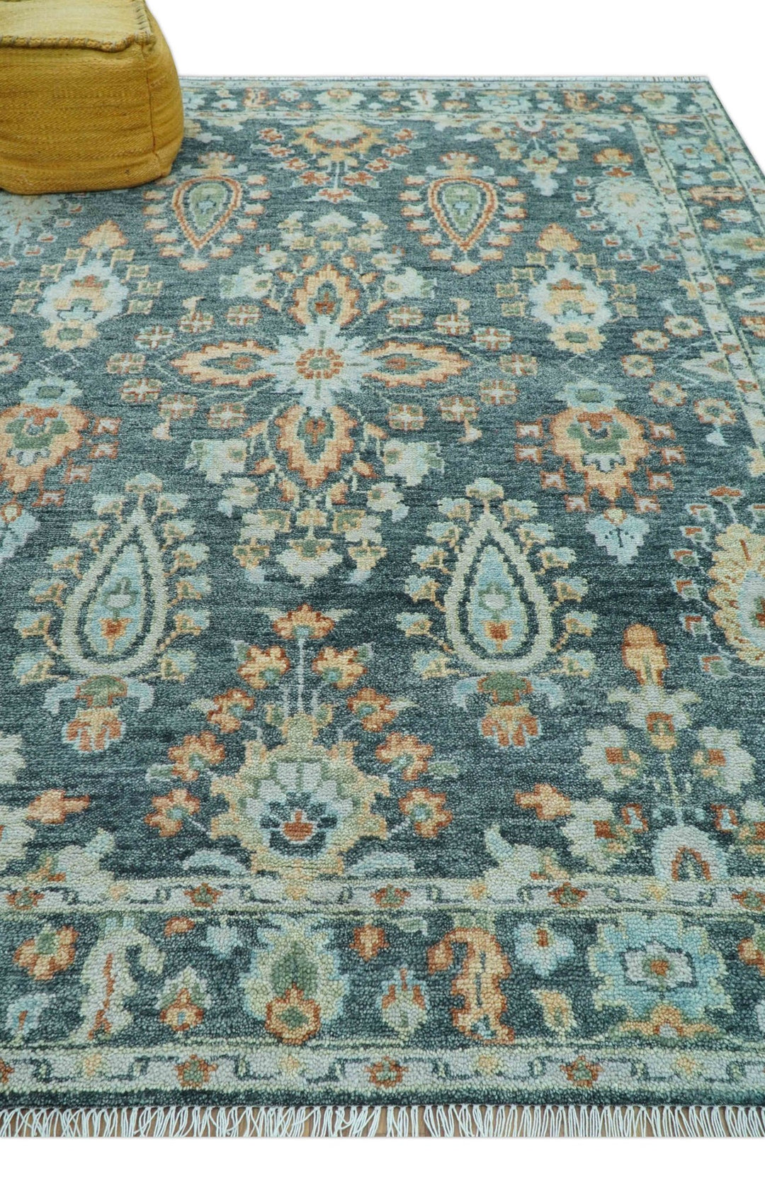 Custom Made Antique Hand Knotted Charcoal and Blue Traditional Oushak Design Wool Rug - The Rug Decor