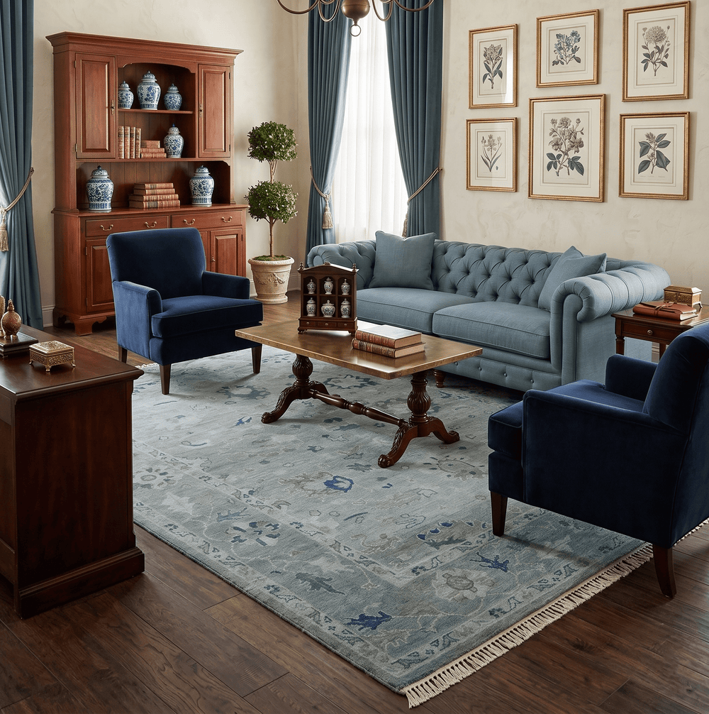 Custom made Antique style Blue and Silver Hand Knotted Oushak Wool Area Rug - The Rug Decor