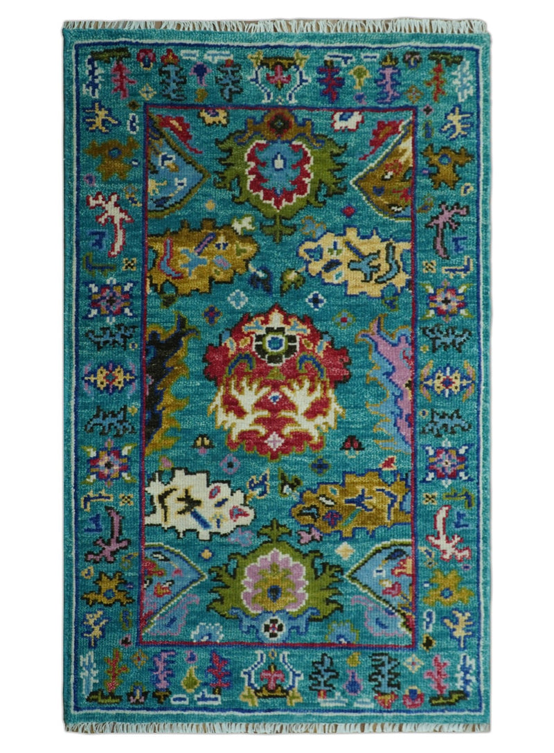 Custom Made Antique Style Hand Knotted Teal and Purple Traditional Oushak Multi Size Wool Rug - The Rug Decor