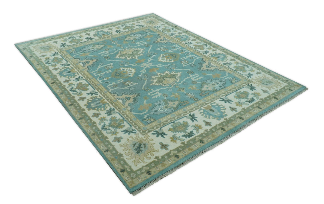 Custom Made Aqua and Beige Hand Knotted Traditional Wool Rug - The Rug Decor