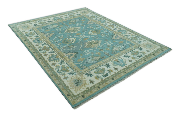 Custom Made Aqua and Beige Hand Knotted Traditional Wool Rug - The Rug Decor