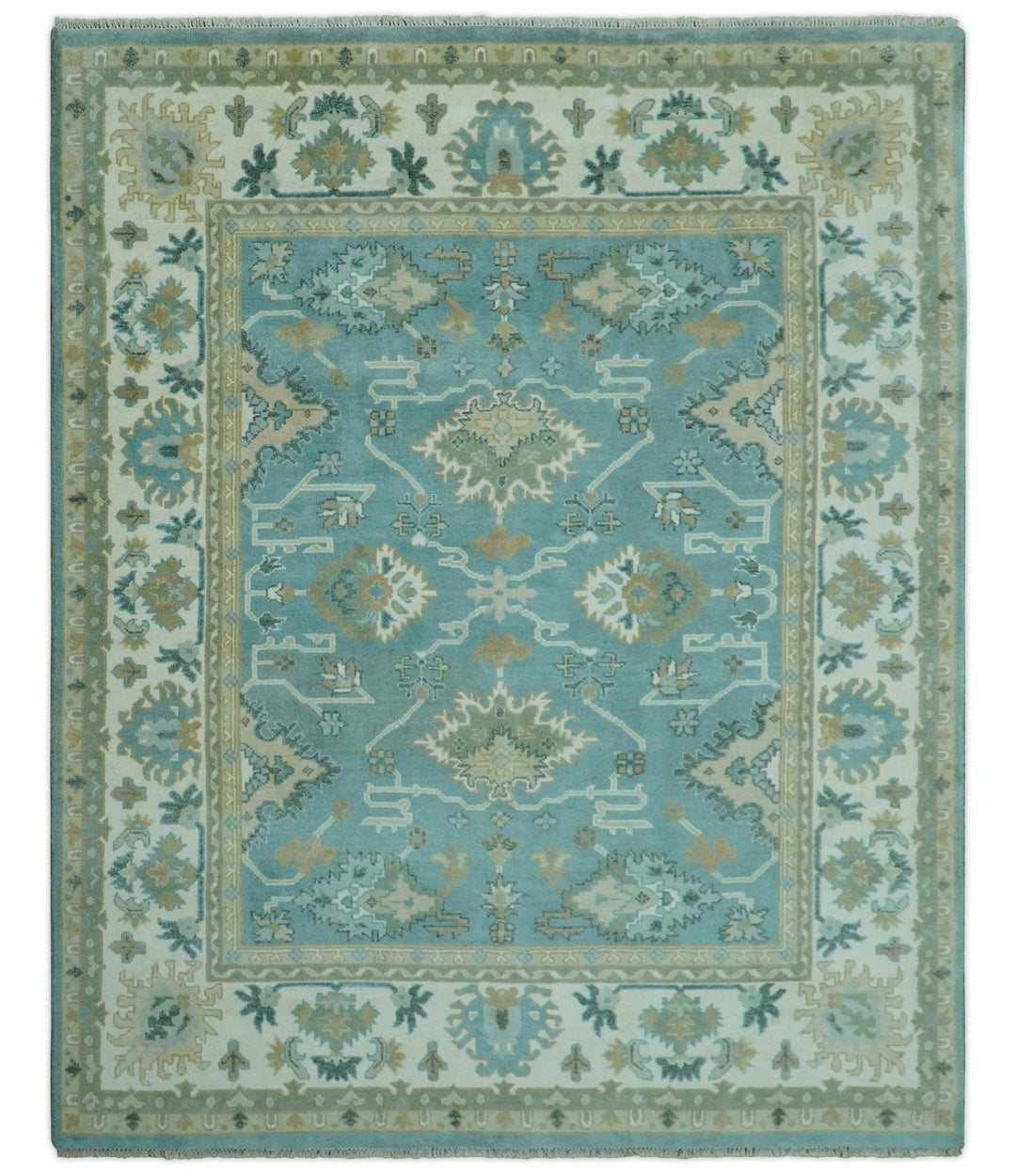 Custom Made Aqua and Beige Hand Knotted Traditional Wool Rug - The Rug Decor