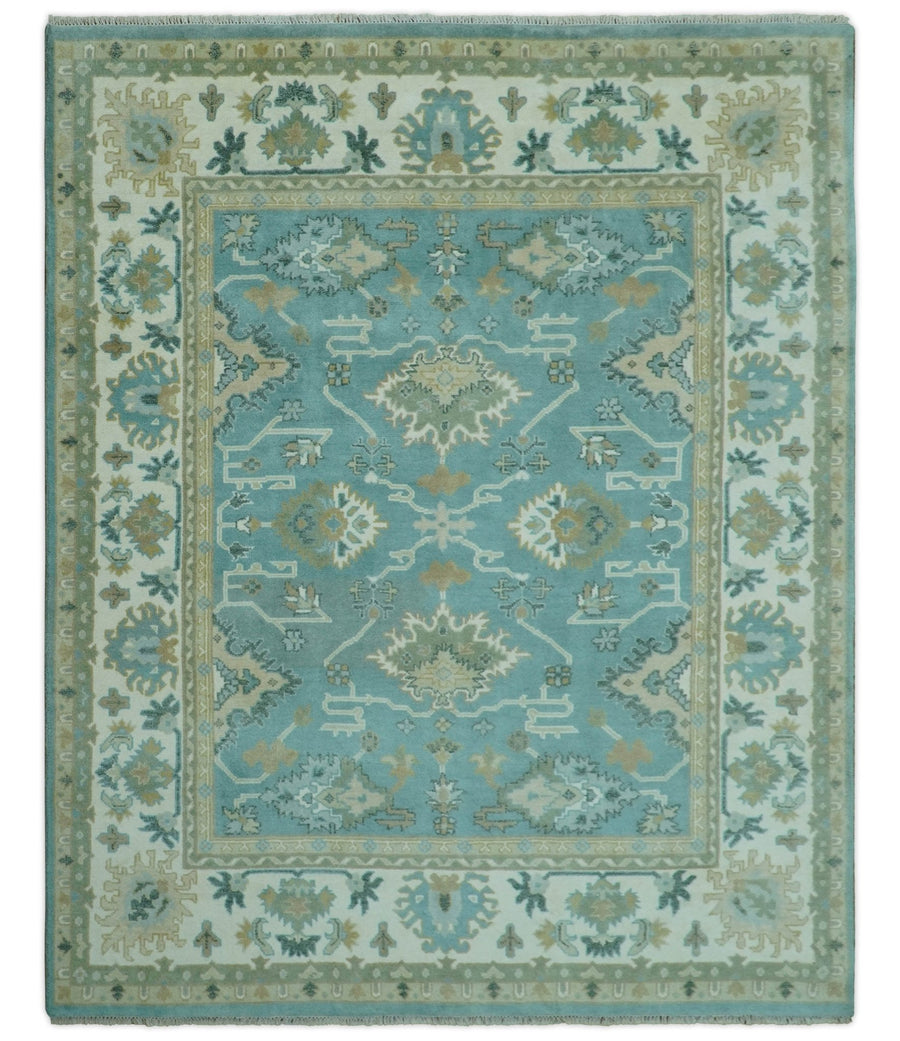 Custom Made Aqua and Beige Hand Knotted Traditional Wool Rug - The Rug Decor