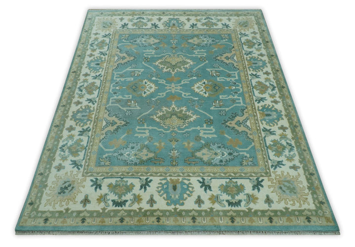 Custom Made Aqua and Beige Hand Knotted Traditional Wool Rug - The Rug Decor