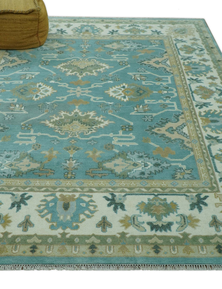 Custom Made Aqua and Beige Hand Knotted Traditional Wool Rug - The Rug Decor