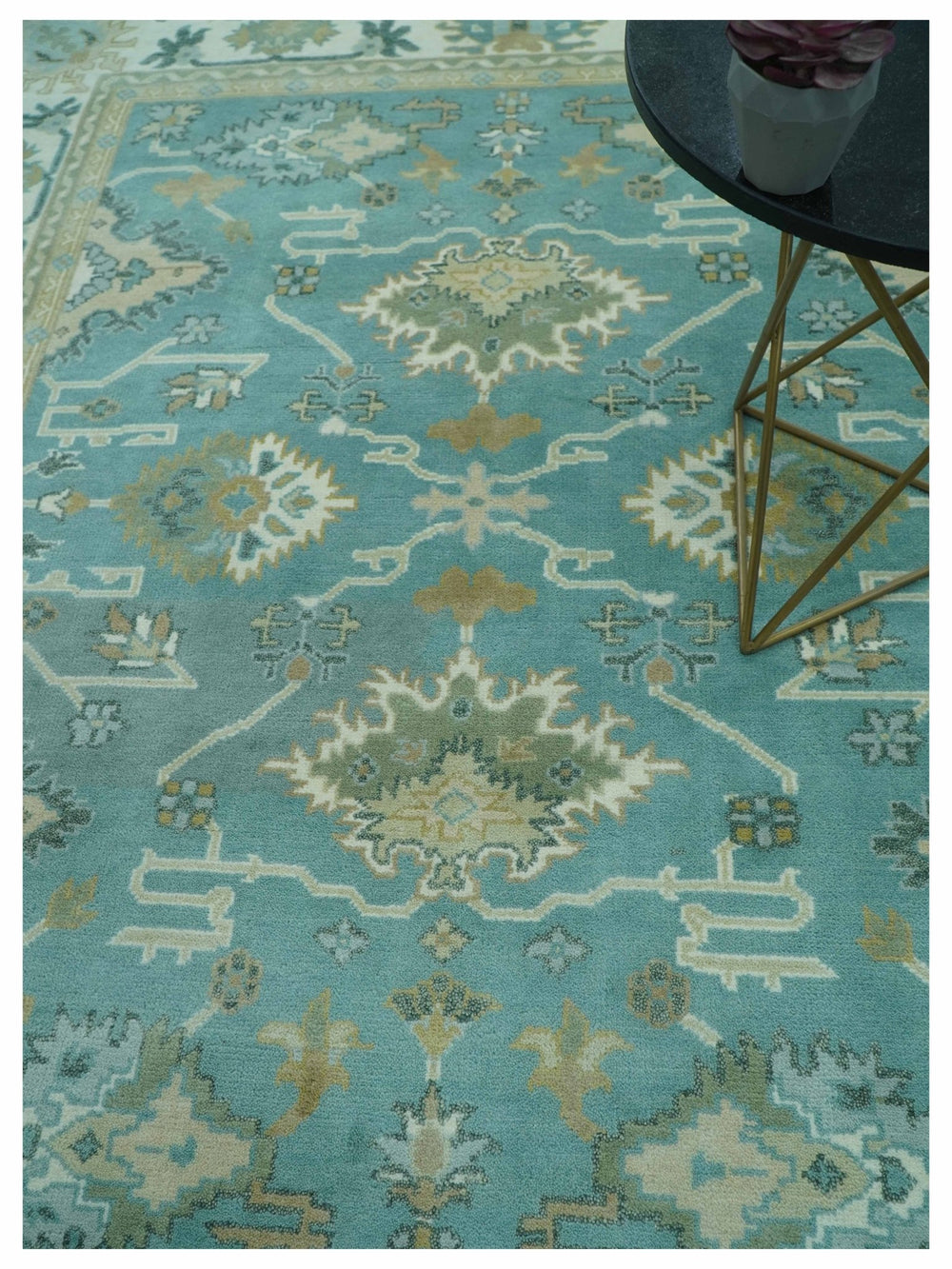 Custom Made Aqua and Beige Hand Knotted Traditional Wool Rug - The Rug Decor