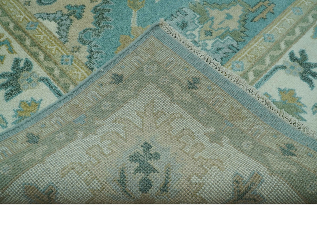 Custom Made Aqua and Beige Hand Knotted Traditional Wool Rug - The Rug Decor