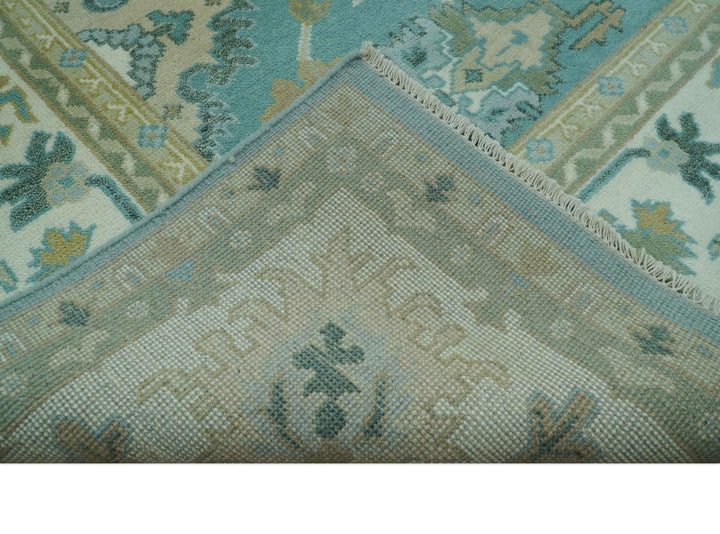 Custom Made Aqua and Beige Hand Knotted Traditional Wool Rug - The Rug Decor