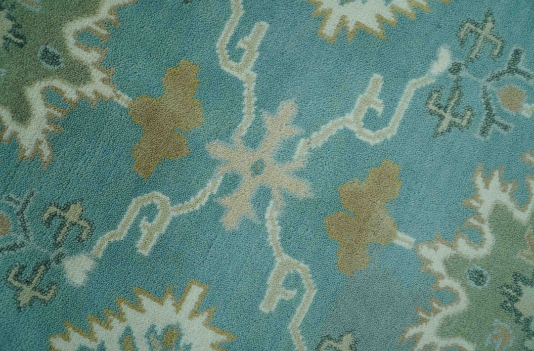 Custom Made Aqua and Beige Hand Knotted Traditional Wool Rug - The Rug Decor
