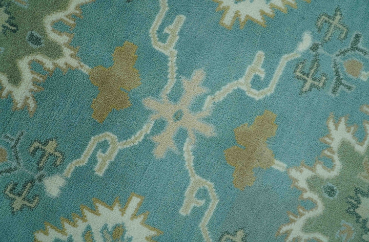 Custom Made Aqua and Beige Hand Knotted Traditional Wool Rug - The Rug Decor