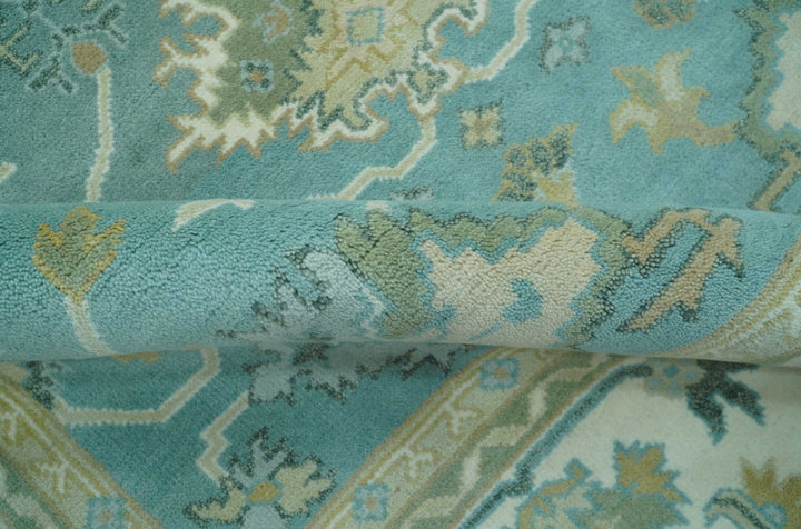 Custom Made Aqua and Beige Hand Knotted Traditional Wool Rug - The Rug Decor