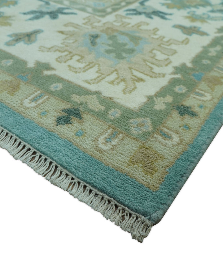 Custom Made Aqua and Beige Hand Knotted Traditional Wool Rug - The Rug Decor