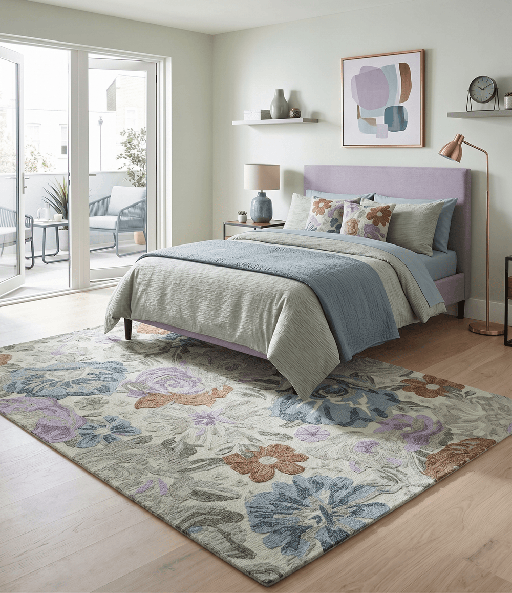 Custom Made Beautiful Ivory, Gray, Purple Flower Design Hand Tufted wool Area Rug - The Rug Decor