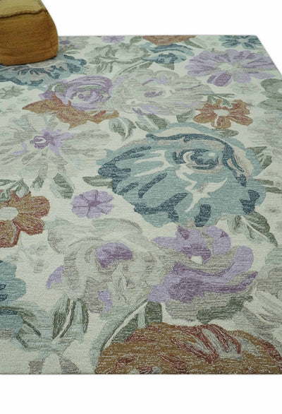 Custom Made Beautiful Ivory, Gray, Purple Flower Design Hand Tufted wool Area Rug - The Rug Decor