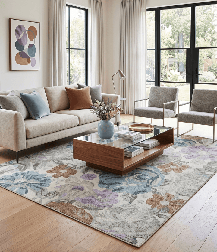 Custom Made Beautiful Ivory, Gray, Purple Flower Design Hand Tufted wool Area Rug - The Rug Decor
