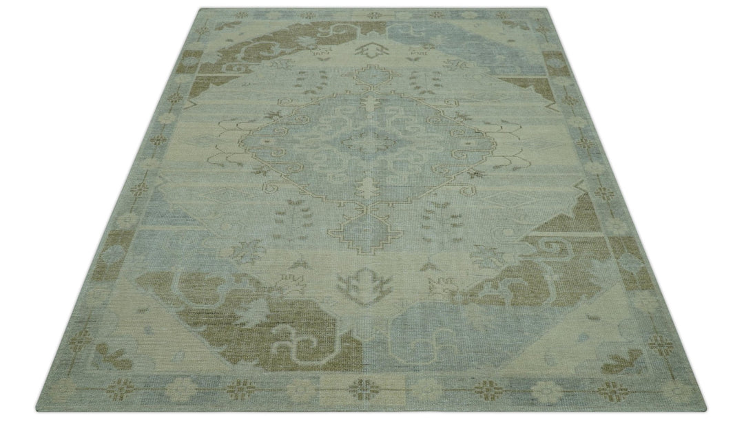 Custom Made Beige And Blue Traditional Turkish Design Hand knotted Wool Rug - The Rug Decor