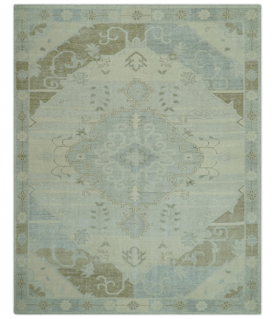 Custom Made Beige And Blue Traditional Turkish Design Hand knotted Wool Rug - The Rug Decor