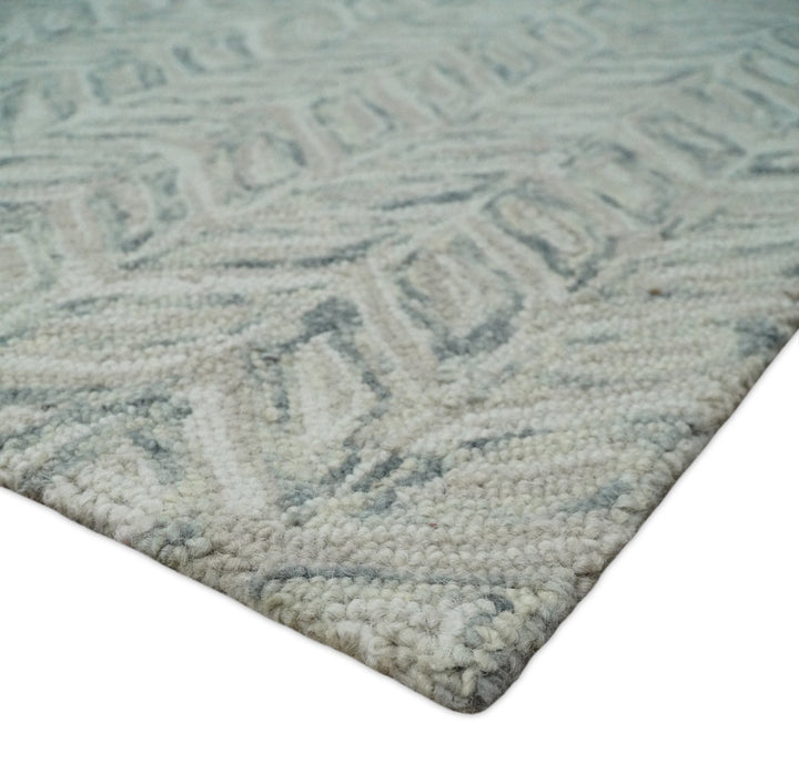 Custom Made Beige and Gray Leaf's Hand Tufted Modern Scandinavian Wool Loop Rug - The Rug Decor