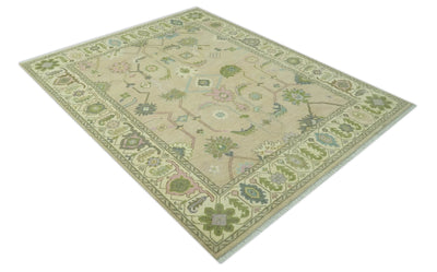 Custom Made Beige and Green Hand Knotted Traditional Oriental Oushak wool area rug - The Rug Decor