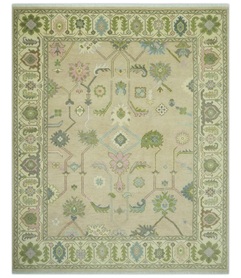 Custom Made Beige and Green Hand Knotted Traditional Oriental Oushak wool area rug - The Rug Decor